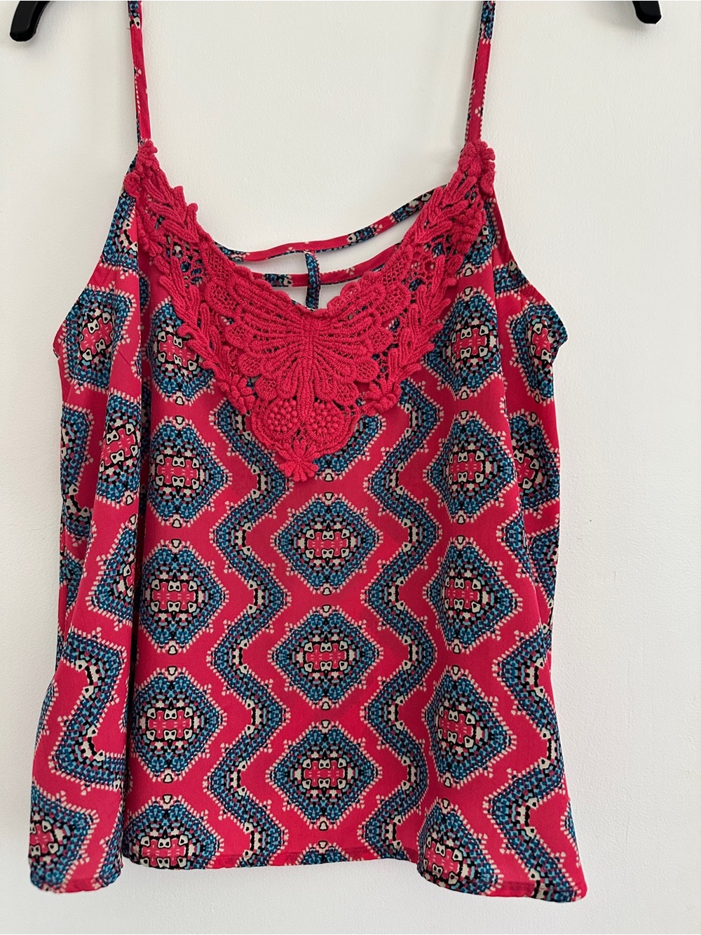 Crochet-Neck Pink Printed Spaghetti-Strap Camisole
